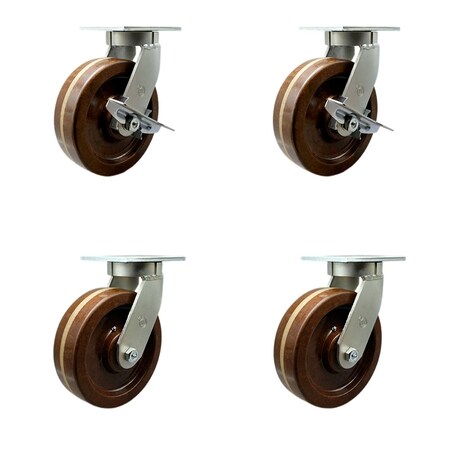 Service Caster 8'' Heavy Duty High Temp Phenolic Caster Set 4 Swivel Locks 2 Brakes, 4PK CRAN-KP92S830-PHRHT-SLB-BSL-2-BSL-2